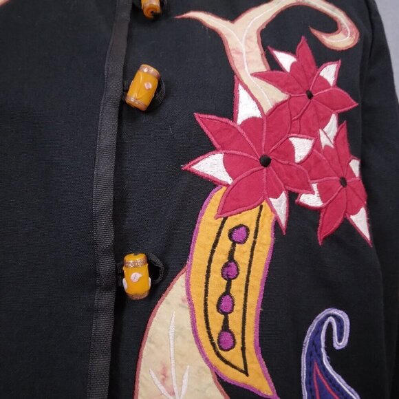 Alex Kim | Black Floral Embroidered Appliqué Linen Jacket Boho Fall|  | Size M - Picture 3 of 8